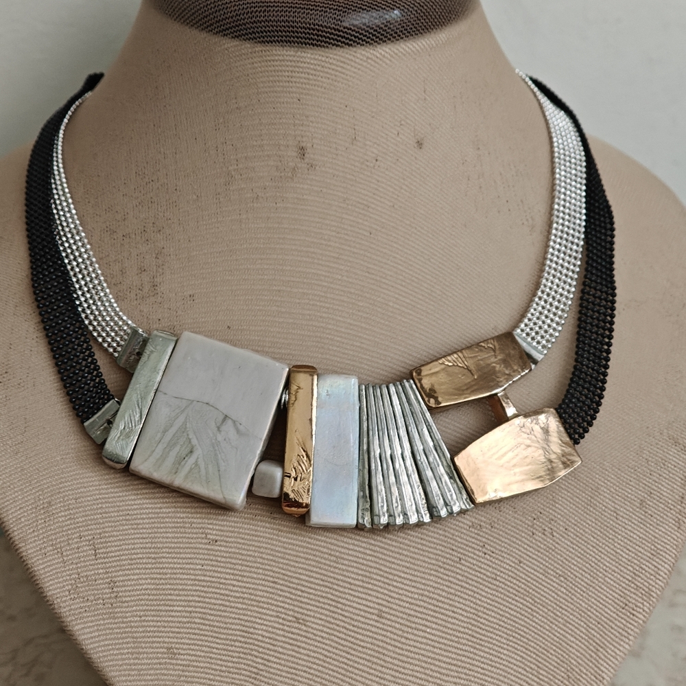Modernist Geometric Anne Marie Chagnon Necklace in Black, Silver, and Gold